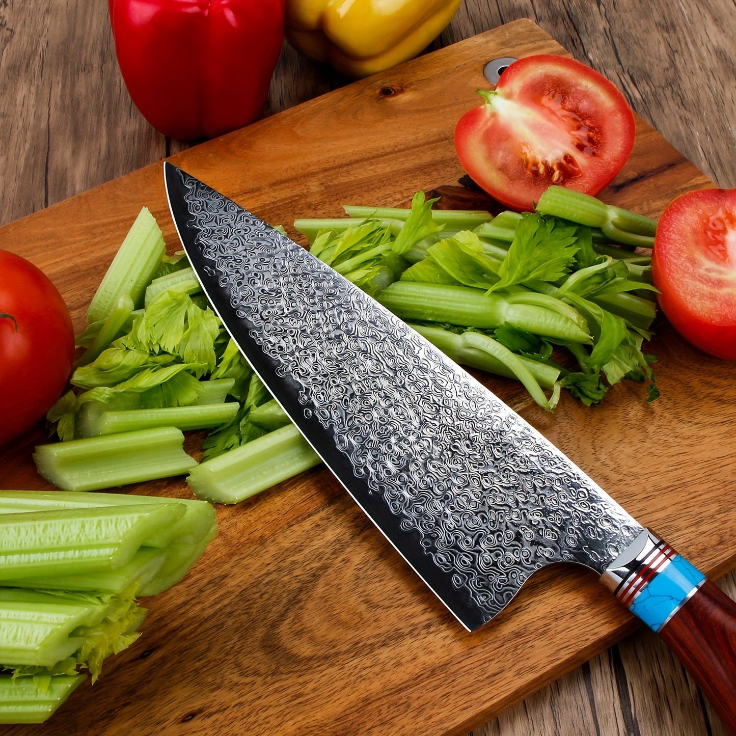 Couteau de Chef Professionnel – Lame en Acier Damas, Poignée en Bois de Santal Lame Du Chef