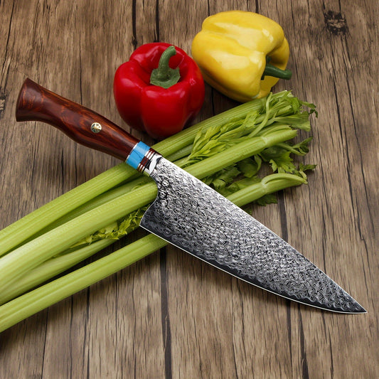 Couteau de Chef Professionnel – Lame en Acier Damas, Poignée en Bois de Santal Lame Du Chef